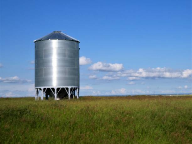Large Grain/Cereal Crop Storage Bin on the Prairie Landscape stock photo