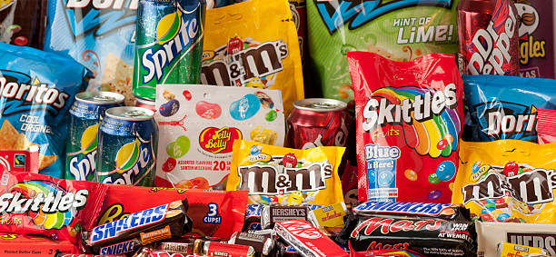 large group of junk food panorama - skittles 個照片及圖片檔