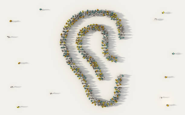 Large group of people forming an ear symbol in social media and community concept on white background. 3d sign of crowd illustration from above gathered together Large group of people forming an ear symbol in social media and community concept on white background. 3d sign of crowd illustration from above gathered together listening stock pictures, royalty-free photos & images
