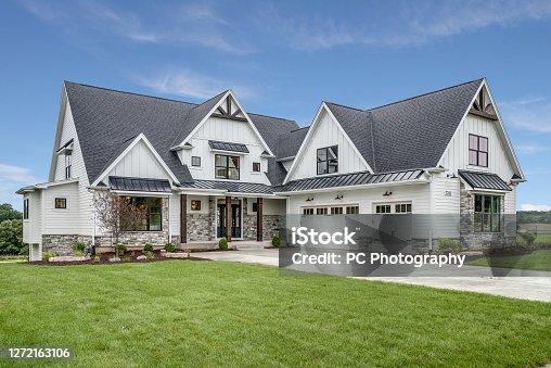 istock Large house with steep roof and side entry three car garage 1272163106