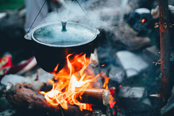 Large kettle on fire stock photo