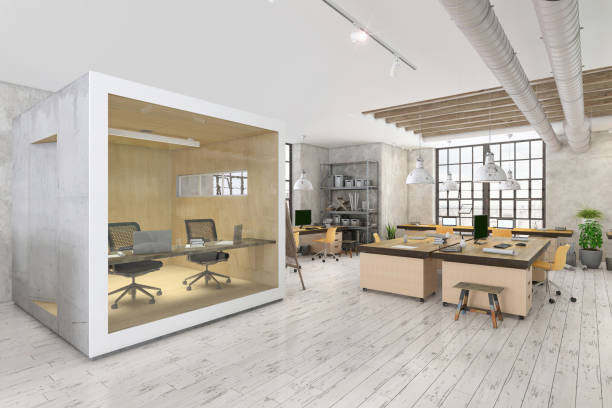 Large modern office space with cubicle Furnished office interior with isolated cubicle office and working stations next to the window. No people. Render soundproof stock pictures, royalty-free photos & images