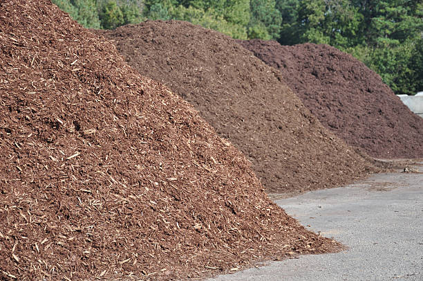 Large piles of mulch on the side of the road three different types of mulch offered for sale at a garden supply center mulch stock pictures, royalty-free photos & images
