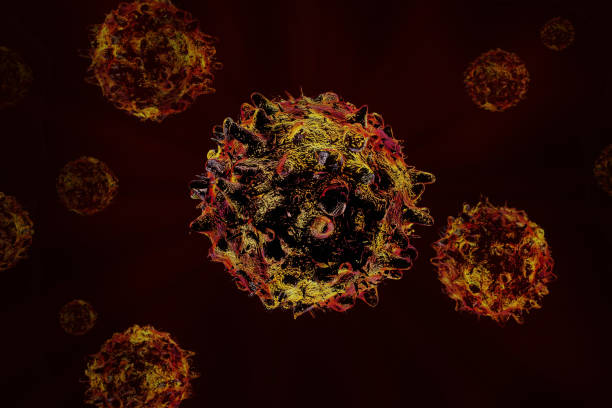 Large red sick cell in the foreground among other cancer cells - 3d rendering stock photo
