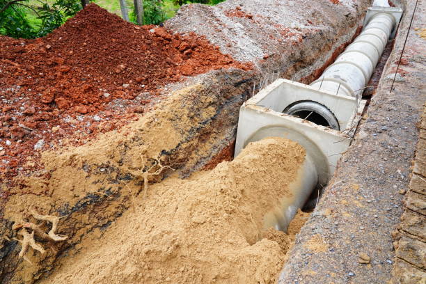 Large size pipe line with sewerage are installed at construction site stock photo