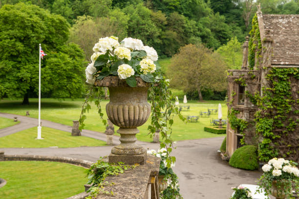 Large stone antique flowerpot with hortensia flowers with a view on the garden en bibury court hotel stock photo
