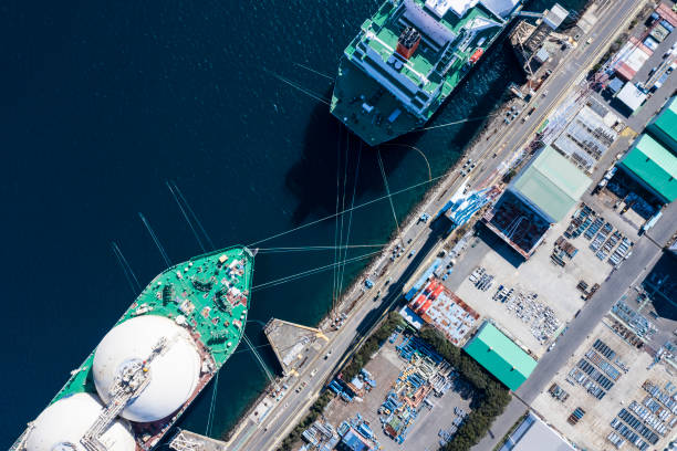 large transport ship and view of the harbor - aerial boat imagens e fotografias de stock
