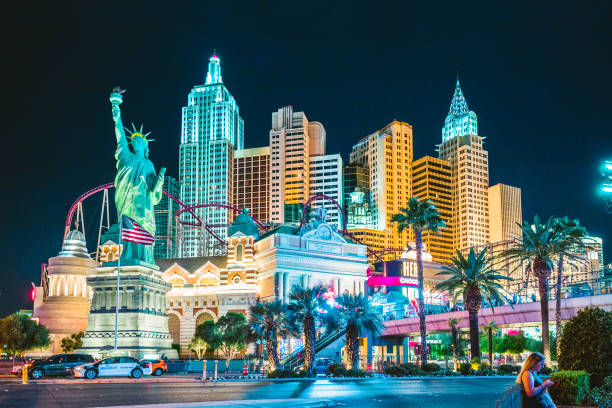Las Vegas skyline illuminated at night, Nevada, USA stock photo