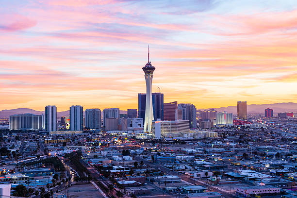 Las Vegas Skyline Las Vegas skyline at sunset. atmosphere stock pictures, royalty-free photos & images