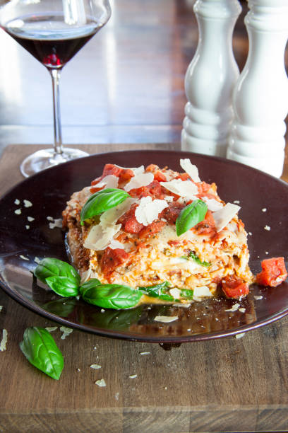 Lasagna with basil stock photo