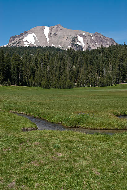 Lassen Peak and Upper Meadow California’s Lassen Peak, having last erupted in 1914, is one of the more recent eruptions in the country. Today it is dormant but there is still much geothermal activity in the area. Sulphur vents, mud pots and boiling springs prove that the earth is not asleep. This view of Lassen Peak was photographed from Kings Creek in Lassen Volcanic National Park, California, USA. jeff goulden lassen volcanic national park stock pictures, royalty-free photos & images