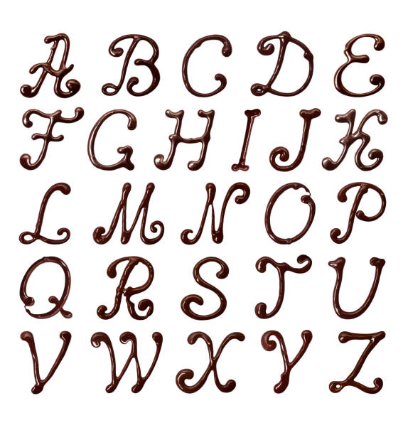 latijnse alfabet gemaakt van elegante chocolade lettertype met swirls, geïsoleerd op witte achtergrond in hoge resolutie (deel 1. letters - chocoletter stockfoto's en -beelden