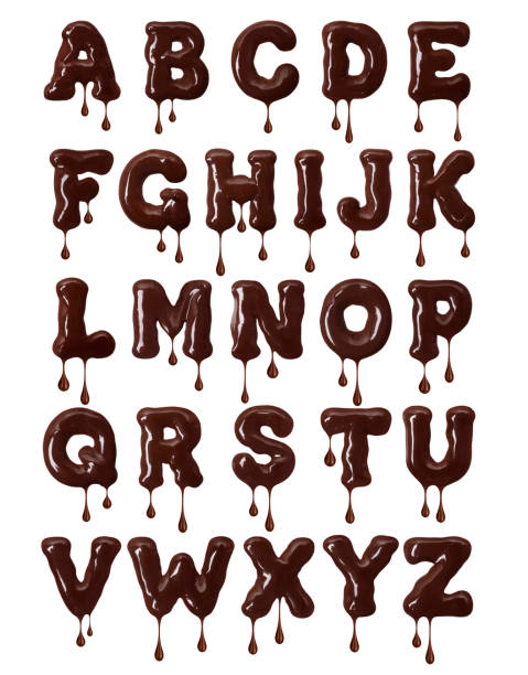 latijnse alfabet gemaakt van gesmolten chocolade met vallende druppels in hoge resolutie (deel 1. brieven - chocoletter stockfoto's en -beelden