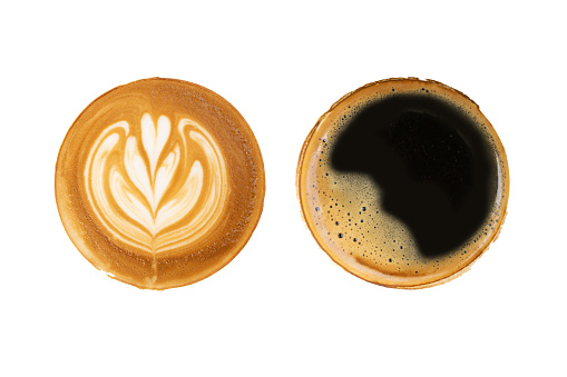 Top view of latte art coffee and americano coffee isolated on white background