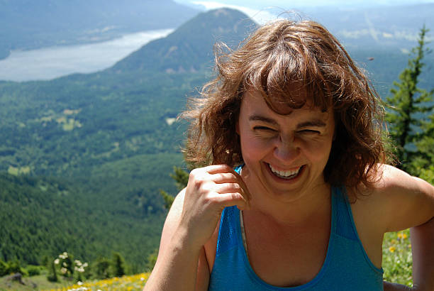 Laughing in the Columbia River Gorge stock photo