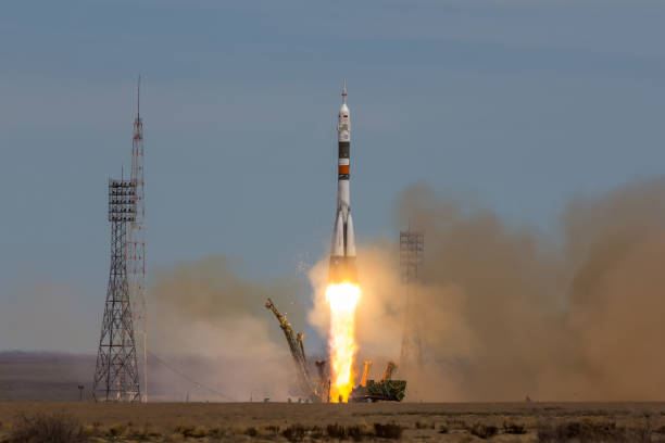 Launch of the spaceship "Soyuz MS-04" to International space station Baikonur, Kazakhstan - April 20, 2017: Launch of the spaceship "Soyuz MS-04" to International space station shortened crew. spaceport stock pictures, royalty-free photos & images