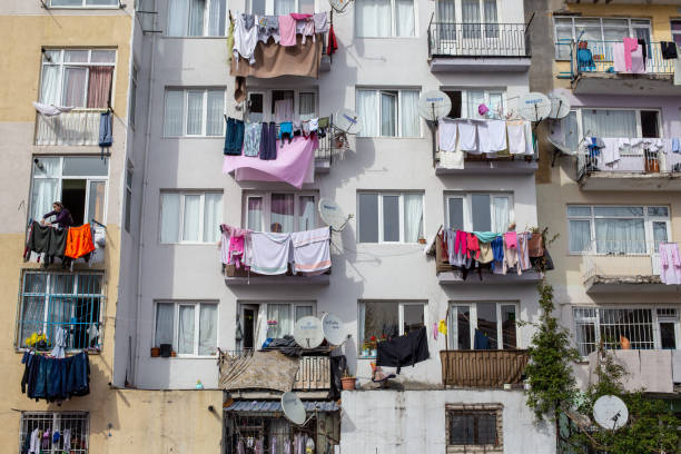 Laundry hanging on the balconies near Beyazit,Fatih. stock photo