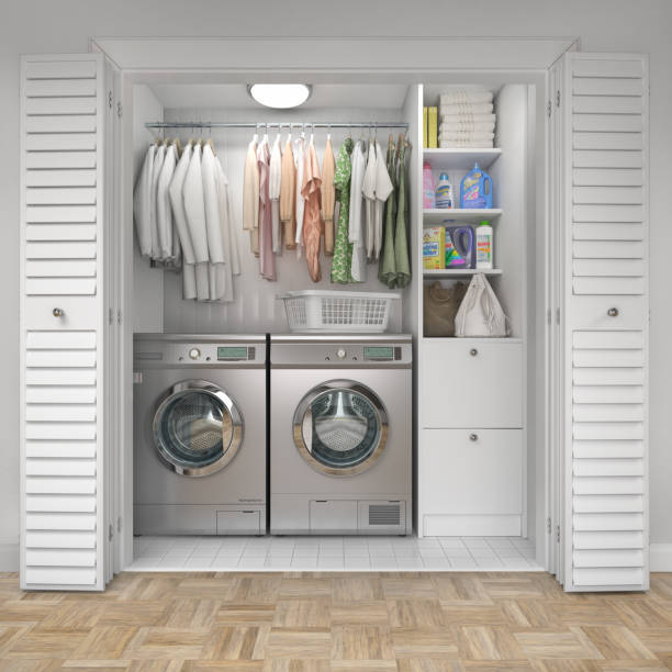 Laundry room with wood floor, washing machine at closet,white wall, shelving and clothes. 3d illustration Laundry room with wood floor, washing machine at closet,white wall, shelving and clothes. 3d illustration dryer stock pictures, royalty-free photos & images