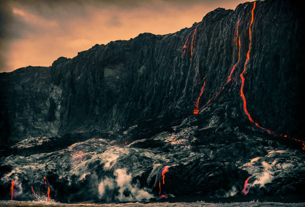 Lava Pouring into the Ocean stock photo