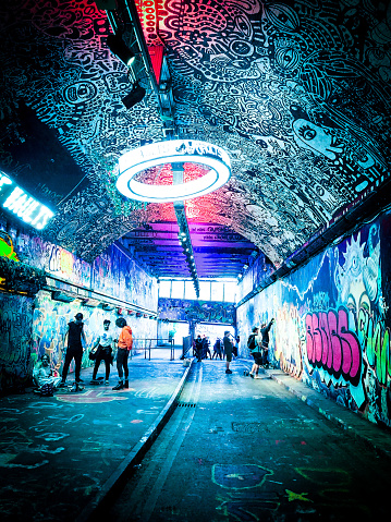 Illuminated street art in leake street tunnel