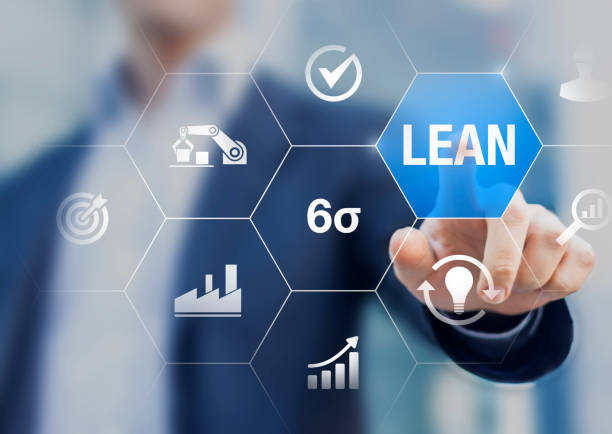 Lean manufacturing and six sigma management and quality standard in industry, continuous improvement, reduce waste, improve productivity and efficiency, keizen, manager touching concept with icons  leaning stock pictures, royalty-free photos & images