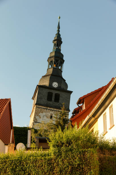 Leaning more than the Tower of Pisa - the upper church in Bad Frankenhausen stock photo