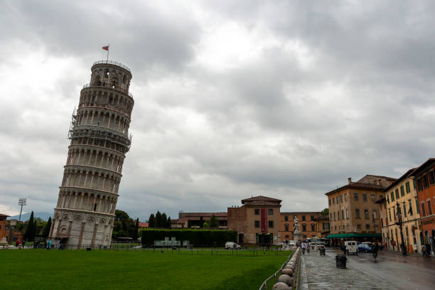Leaning Tower of Pisa, Italy on a rainy day. stock photo