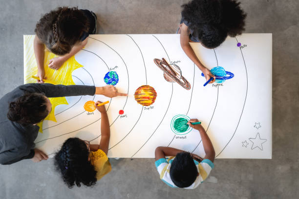 Learning about the solar system A female teacher is teaching elementary age children about the solar system. The four (4) children are colouring in a planets while their teacher is bringing their attention to Jupiter. This is an overhead shot. pluto dwarf planet stock pictures, royalty-free photos & images