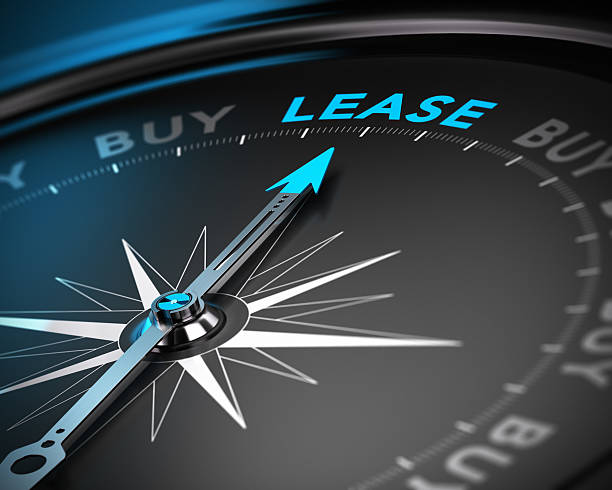 Lease vs Buy Concept Conceptual 3D render of a compass with the needle pointing the word lease, blue and black tones with blur effect. Concept of leasing versus buying a product. buy single word stock pictures, royalty-free photos & images