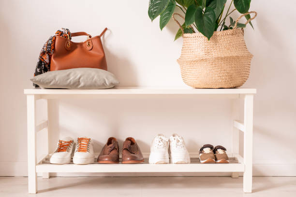 Leather bag on pillow, domestic plant and footwear on white shelves by wall Leather bag on pillow and basket with green domestic plant on upper shelf and row of sportive and casual footwear on lower one rack stock pictures, royalty-free photos & images
