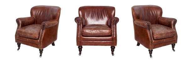 Leather brown chair Leather brown chair isolated on white background. View from different sides - front and two side views armchair stock pictures, royalty-free photos & images