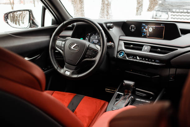 Leather Interior of Red premium crossover hatchback Lexus UX 250h hubrid stock photo