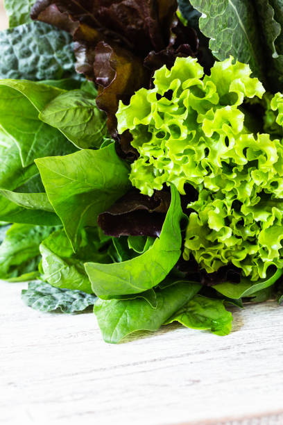 Leaves of green and red lettuce, rucola, kale, amaranth, spinach on white table stock photo