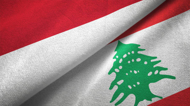 Lebanon and Indonesia two flags together textile cloth fabric texture Lebanon and Indonesia flag together realtions textile cloth fabric texture Lebanon Flag stock pictures, royalty-free photos & images