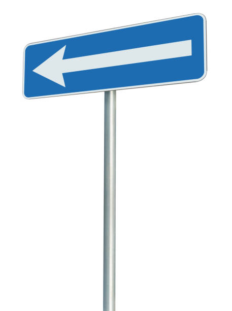 Left traffic route only direction road sign, roadside turn pointer, blue isolated signage perspective, white arrow icon and frame, grey pole post, vertical closeup stock photo