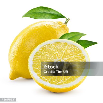 istock Lemon. Fruit with half and leaves isolated on white 466175634