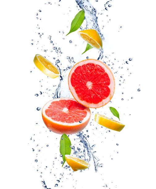 Lemon, grapefruit and mint in splash of water stock photo