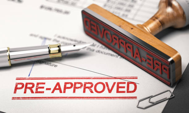 Lending concept. Pre-approved mortgage loan. Printed document with rubber stamp and the word pre-approved. Concept of mortgage or loan pre-approval. 3D illustration. anticipation stock pictures, royalty-free photos & images