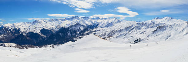 Les Sybelles ski domain in France. Panorama with slopes, skiers, and mountain peaks, on a sunny day with blue sky. stock photo