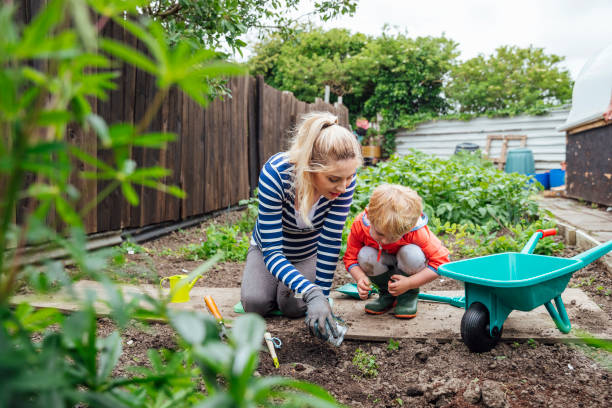 Let's Pour Out The Jar A shot of a young toddler boy and his pregnant mother in a community garden. They are wearing casual clothing and are kneeling and looking at something in the soil. gardening stock pictures, royalty-free photos & images