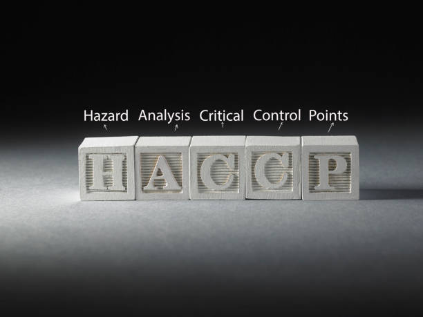 letter block in word haccp (hazard analysis critical control points) on gray background - haccp imagens e fotografias de stock