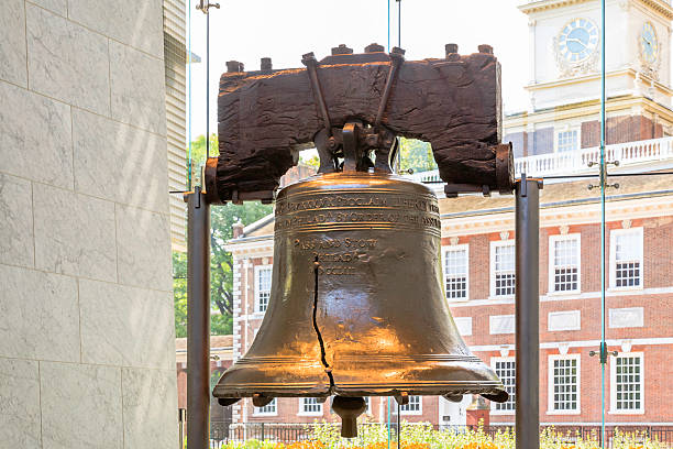 Liberty Bell with Independence Hall in background The Liberty Bell in historic Philadelphia, Pennsylvania (PA) american revolution stock pictures, royalty-free photos & images