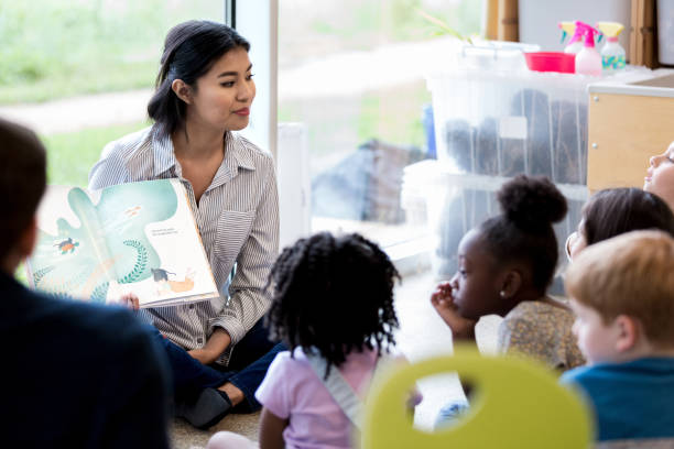 Librarian reads children a book during story time Confident female librarian reads young schoolchildren a picture book during story time. elementary age stock pictures, royalty-free photos & images