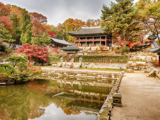 Library And Pond In A Korean Palace stock photo