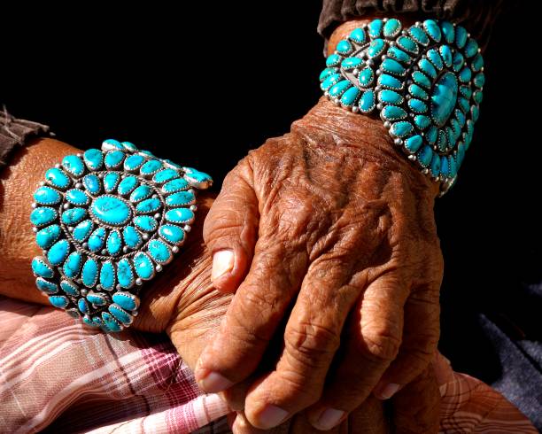 Life Celebration Turquoise bracelets worn by Navajo grandmother. Each stone represents a significant life event she celebrates indigenous north american culture stock pictures, royalty-free photos & images