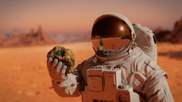 life on planet Mars, astronaut discovers tiny martians (3d science illustration) stock photo