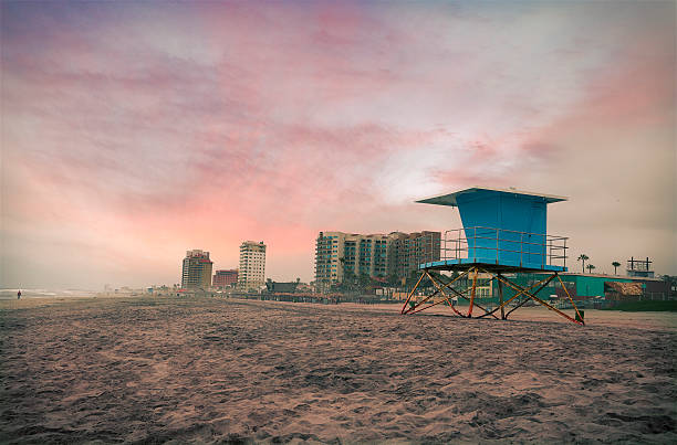 Lifeguard hut and hotels at Rosarito Beach - Mexico stock photo