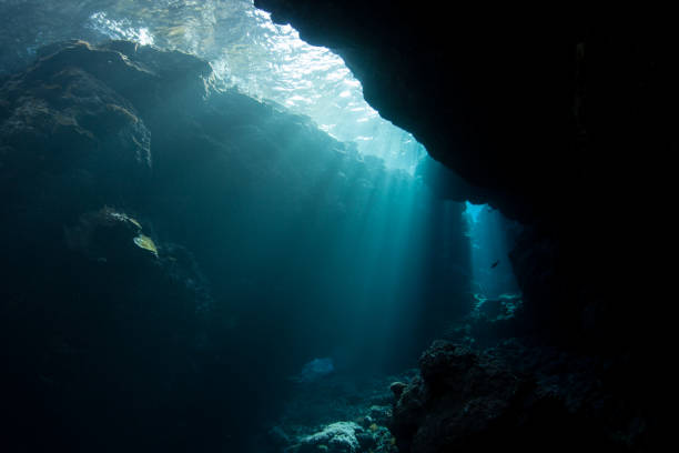 Light and Dark Submerged Crevice Light descends into the darkness of a submerged cavern in the Solomon Islands. Caves and caverns riddle coral reefs since limestone can be easily eroded. crevice stock pictures, royalty-free photos & images