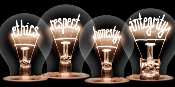 Light Bulbs Concept Photo of light bulbs with shining fibres in ETHICS, RESPECT, HONESTY and INTEGRITY shape isolated on black background transparent stock pictures, royalty-free photos & images