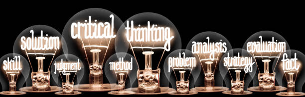 Light Bulbs with Critical Thinking Concept Photo of light bulb group with shining fibers in a shape of Critical Thinking, Solution, Analysis and Evaluation concept related words isolated on black background judgement stock pictures, royalty-free photos & images
